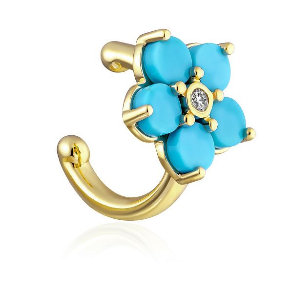 Серьга кафф из желтого золота с бриллиантом и бирюзой