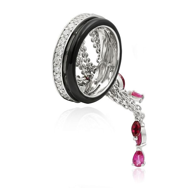 Кольцо из белого золота с рубинами, сапфирами и бриллиантами