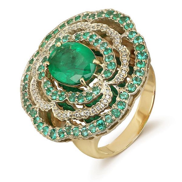 Кольцо «Медной горы хозяйка» из желтого золота с изумрудом 2.1 ct и бриллиантами