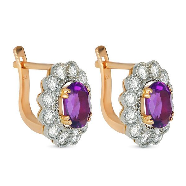 Серьги из красного золота с бриллиантами и аметистами