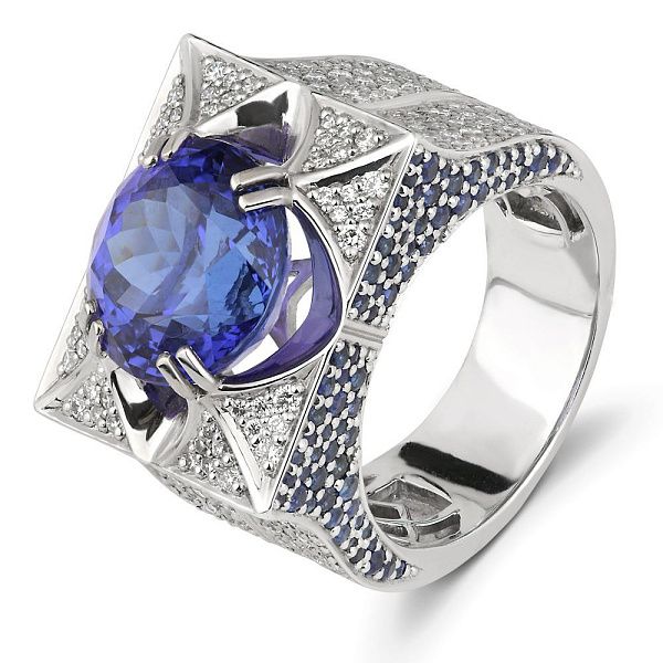 Кольцо из белого золота с сапфирами, бриллиантами и танзанитом 9.65 ct