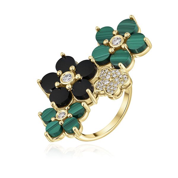 Кольцо из желтого золота с ониксом, малахитом и бриллиантами