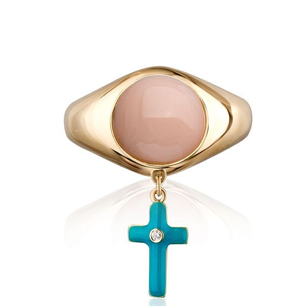 Кольцо из желтого золота с кораллом и бриллиантом