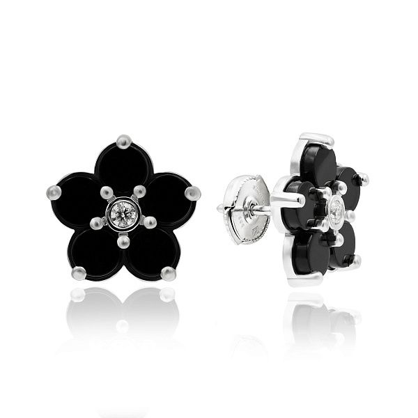 Пусеты из белого золота с ониксом и бриллиантами