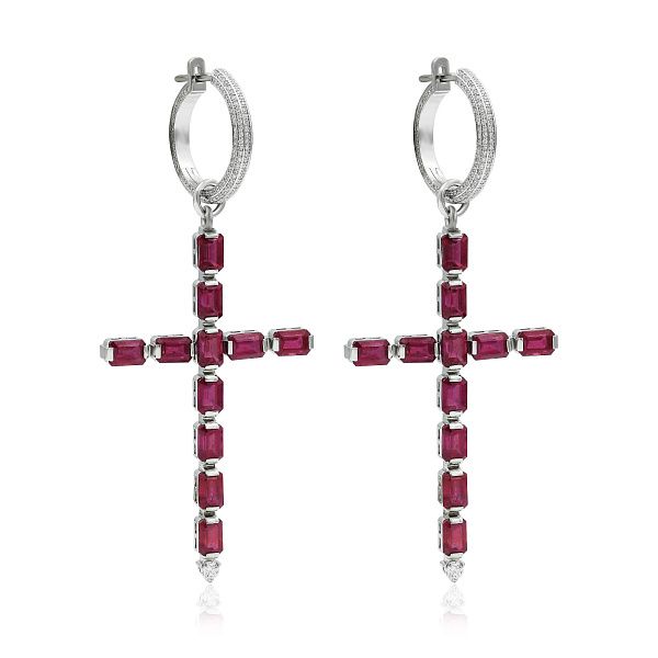 Серьги-кресты из белого золота с рубинами и бриллиантами