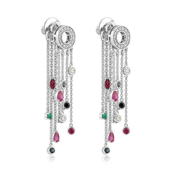 Пусеты из белого золота с изумрудами, рубинами, сапфирами и бриллиантами