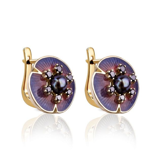 Серьги из желтого золота с бриллиантами и жемчугом