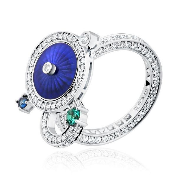 Кольцо из белого золота с сапфиром, изумрудом и бриллиантами