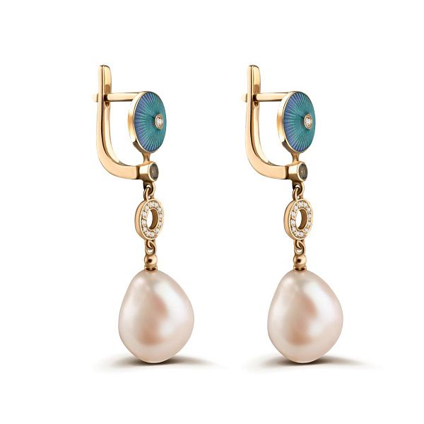 Серьги из красного золота с топазами, жемчугом и бриллиантами