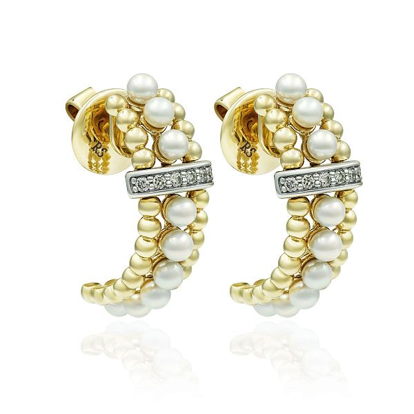 Пусеты из желтого золота с жемчугом и бриллиантами