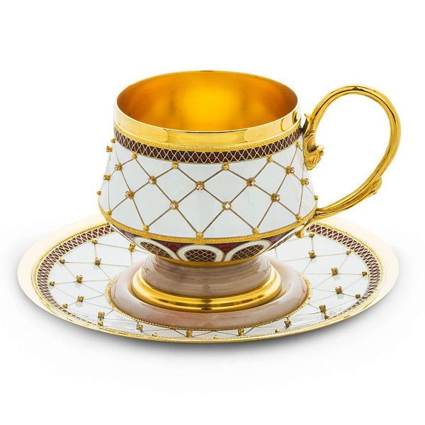 Набор чашка с блюдцем из серебра с бриллиантами и кварцитом