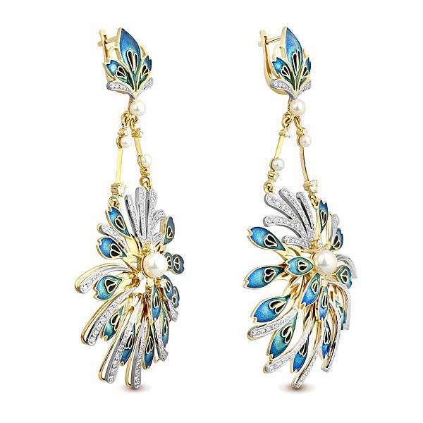 Серьги из белого золота с бриллиантами и жемчугом