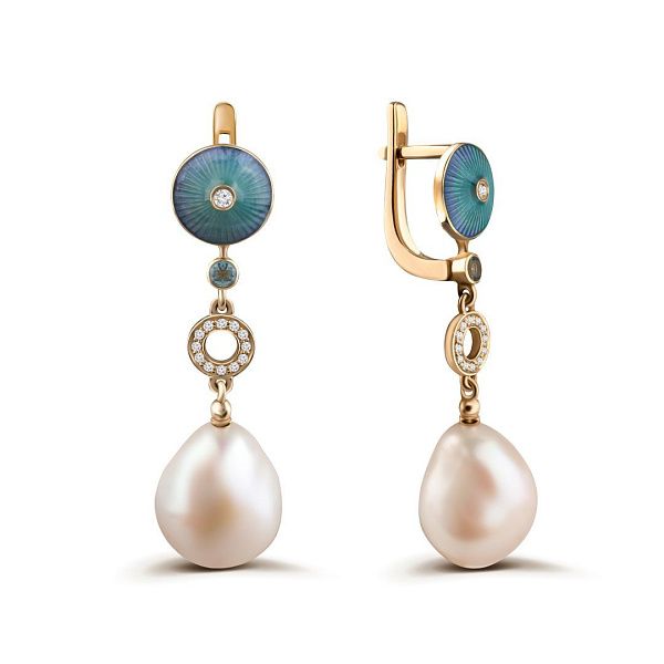 Серьги из красного золота с топазами, жемчугом и бриллиантами