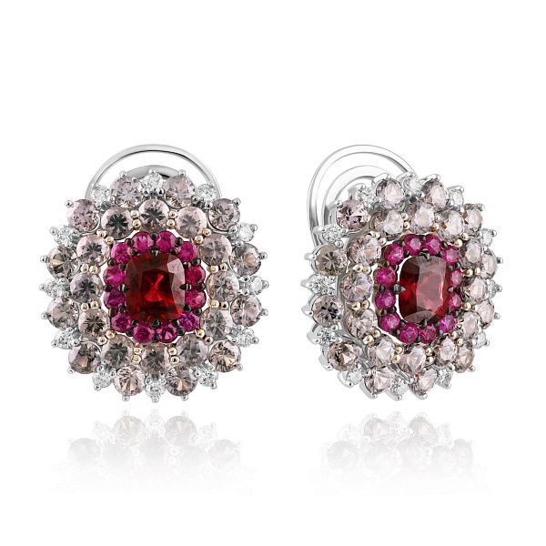 Серьги из белого золота с рубинами, шпинелью 1.97 ct и бриллиантами