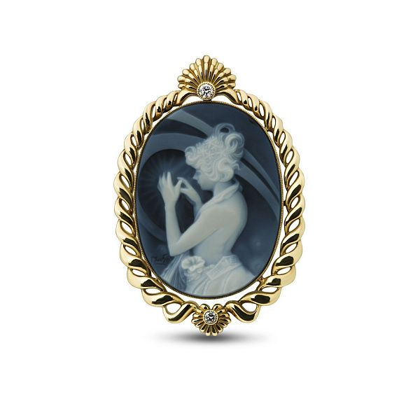 брошь- подвеска из желтого золота с бриллиантом и агатом