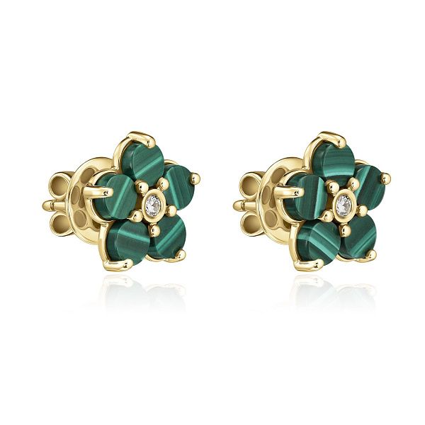 Пусеты из желтого золота с малахитом и бриллиантами