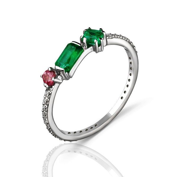 Кольцо из белого золота с турмалином, изумрудами и бриллиантами