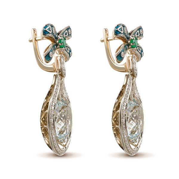 Серьги из желтого золота с изумрудами, аквамаринами 2.03 ct и бриллиантами