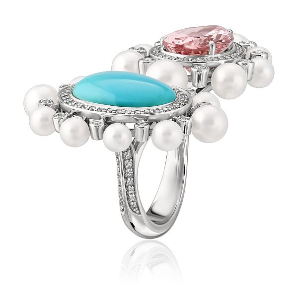 Кольцо из белого золота с бриллиантами, морганитом 4.84 ct, бирюзой и жемчугом