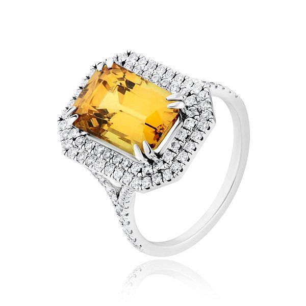Кольцо из белого золота с желтым сапфиром 7.44 ct и бриллиантами