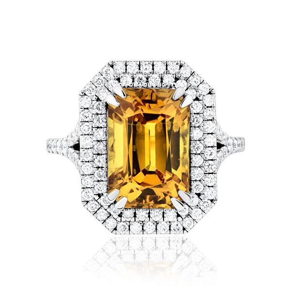 Кольцо из белого золота с желтым сапфиром 7.44 ct и бриллиантами