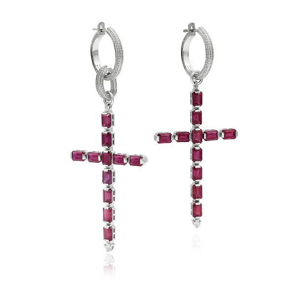 Серьги-кресты из белого золота с рубинами и бриллиантами