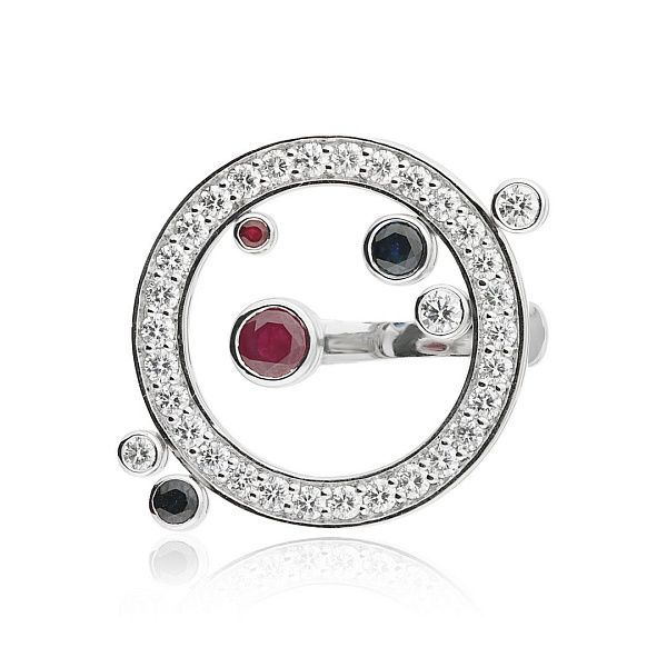 Кольцо из белого золота с рубинами, сапфирами и бриллиантами