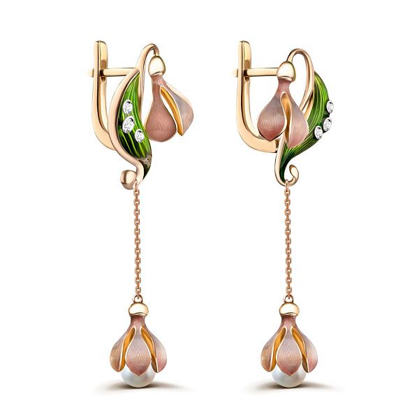 Серьги из желтого золота с жемчугом и бриллиантами