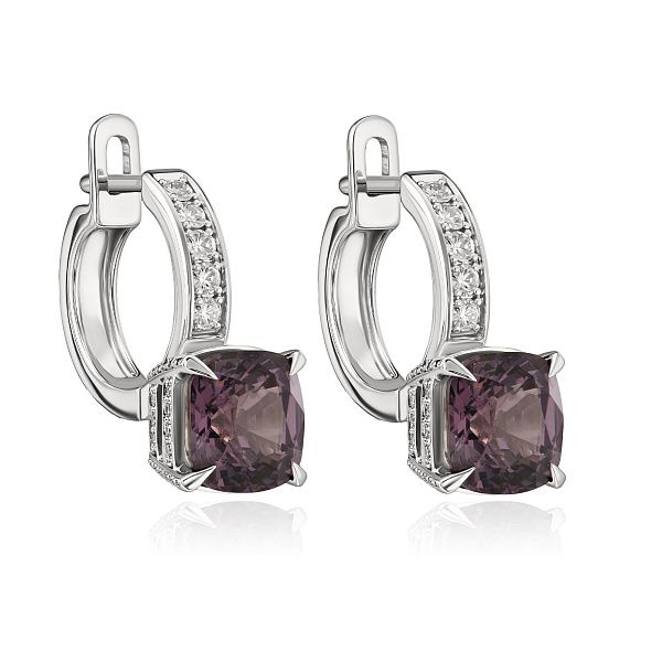 Серьги из белого золота с бриллиантами и шпинелью