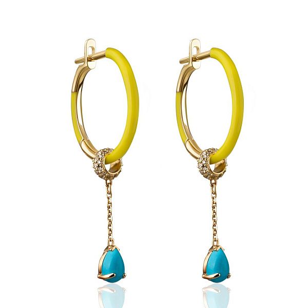 Серьги из желтого золота с бирюзой и бриллиантами