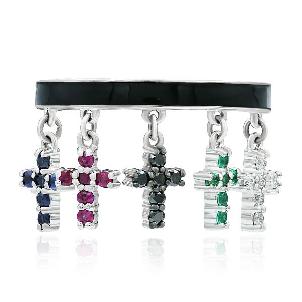 Кольцо из белого золота с сапфирами, изумрудами, рубинами и бриллиантами