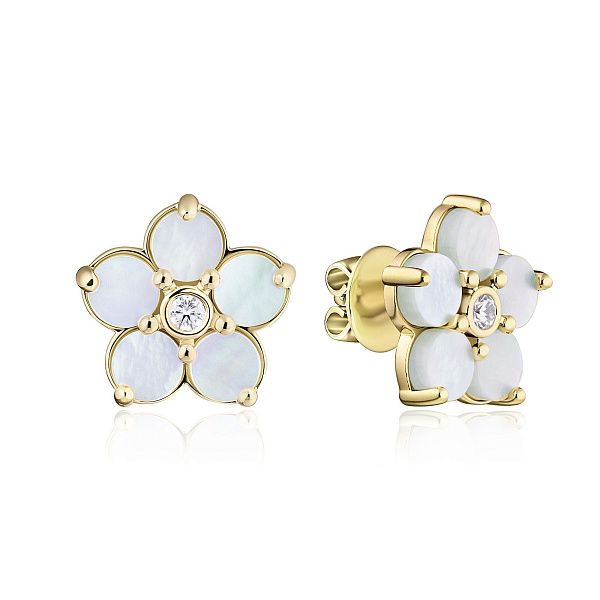 Пусеты из желтого золота с перламутром и бриллиантами