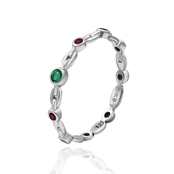 Кольцо из белого золота с изумрудом, бриллиантом и рубинами