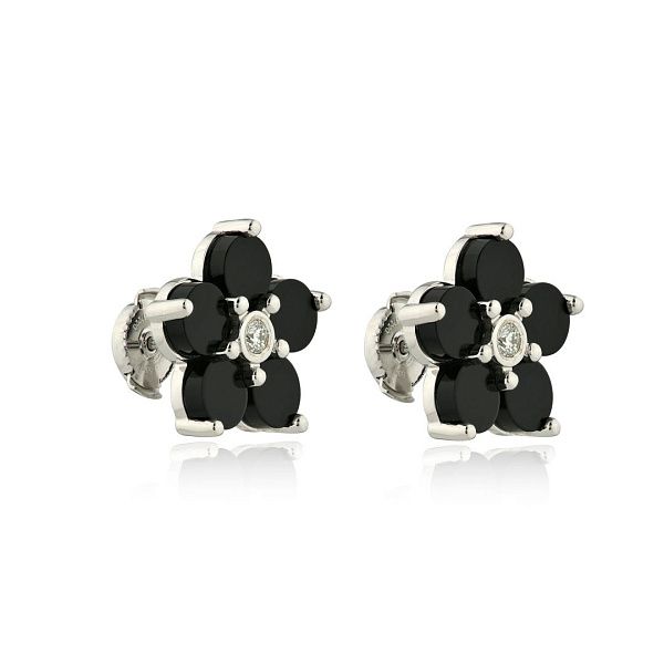 Пусеты из белого золота с ониксом и бриллиантами