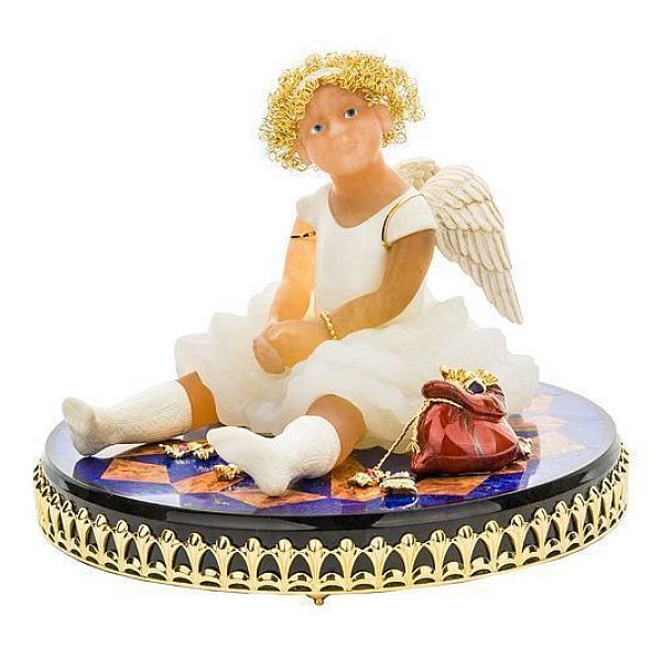 Украшение интерьера «Ангелочек» из желтого золота с кахолонгом, ониксом, халцедоном, яшмой и лазуритом