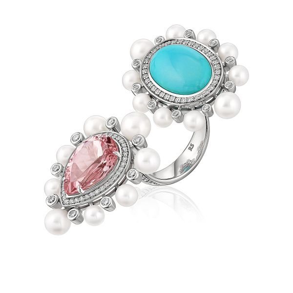 Кольцо из белого золота с бриллиантами, морганитом 4.84 ct, бирюзой и жемчугом