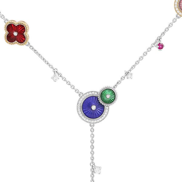 Колье из белого золота с рубином, бриллиантами и изумрудом