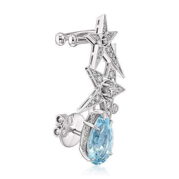 Серьга кафф из белого золота с аквамарином 3.43 ct и бриллиантами