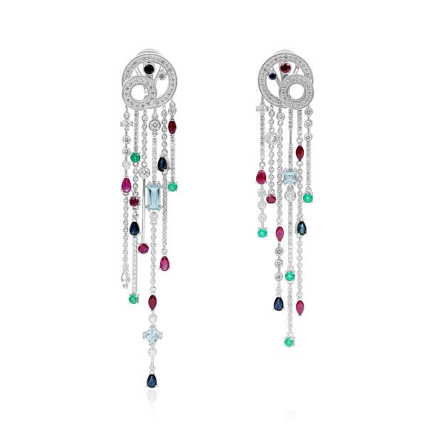 Серьги из белого золота с сапфирами, рубинами, изумрудами, бриллиантами и топазами