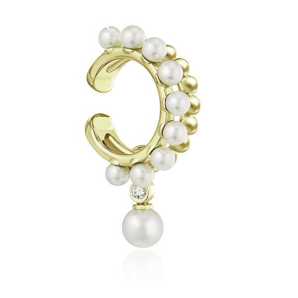 Серьга кафф из желтого золота с бриллиантом и жемчугом