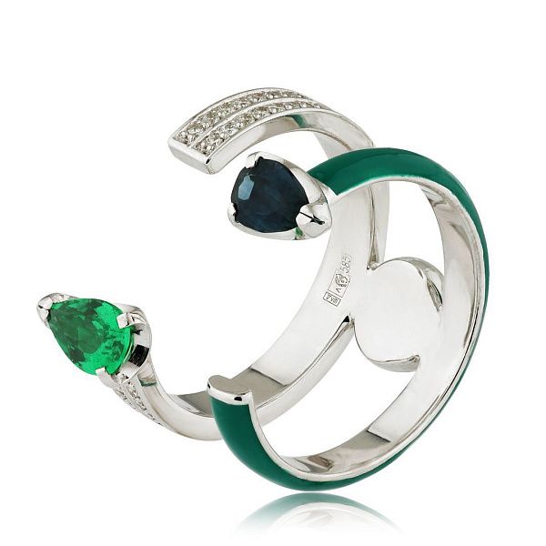 Кольцо из белого золота с сапфиром, гранатом и бриллиантами