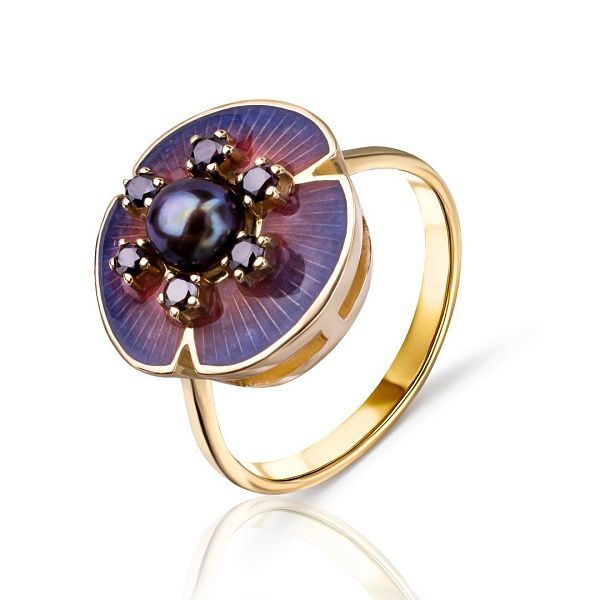 Кольцо из желтого золота с бриллиантами и жемчугом