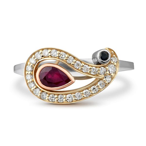 Кольцо из белого золота с бриллиантами, рубином и сапфиром