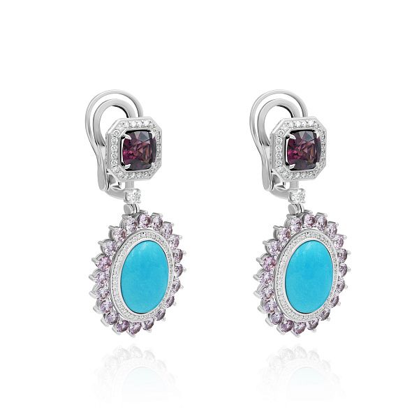 Серьги из белого золота со шпинелью 4.8 ct, бриллиантами и бирюзой