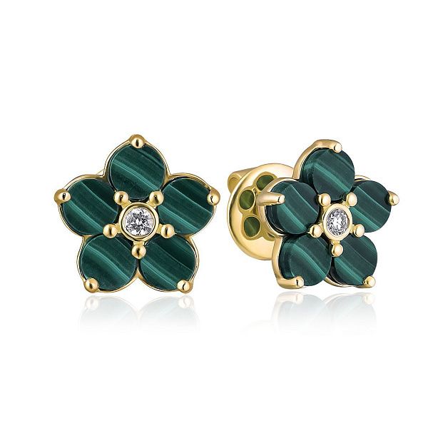 Пусеты из желтого золота с малахитом и бриллиантами