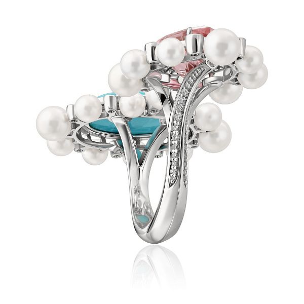Кольцо из белого золота с бриллиантами, морганитом 4.84 ct, бирюзой и жемчугом