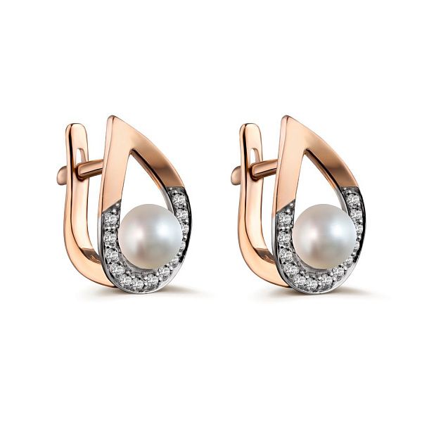 Серьги из красного золота с жемчугом и фианитами