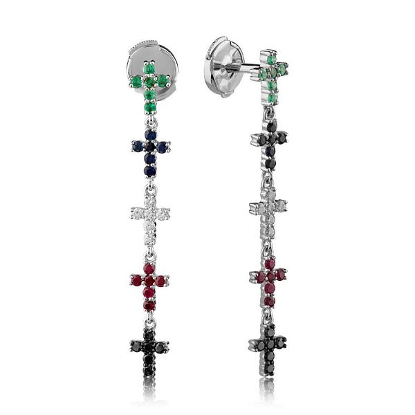 Пусеты из белого золота с сапфирами, рубинами, изумрудами и бриллиантами