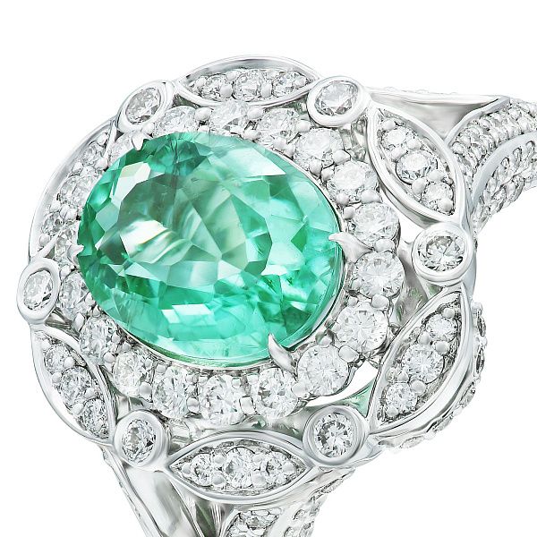 Кольцо из белого золота с турмалином параиба 2.13 ct и бриллиантами