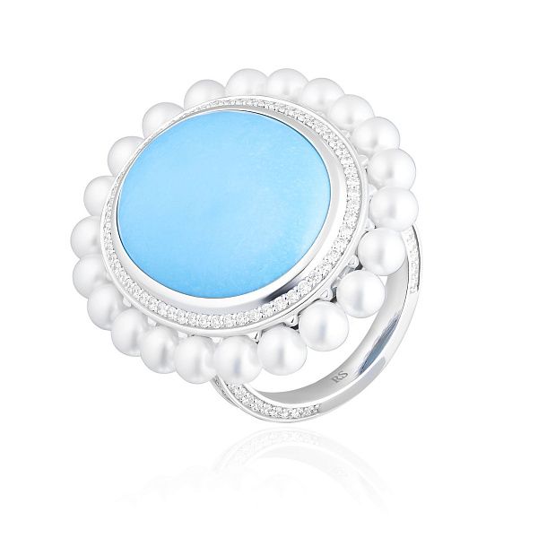 Кольцо из белого золота с бриллиантами, бирюзой 4.228 ct и жемчугом